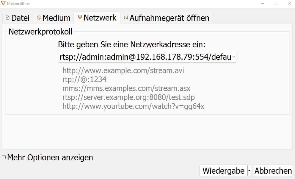 Das Bild zeigt den VLC Media Player für die Darstellung des RTSP-Stream